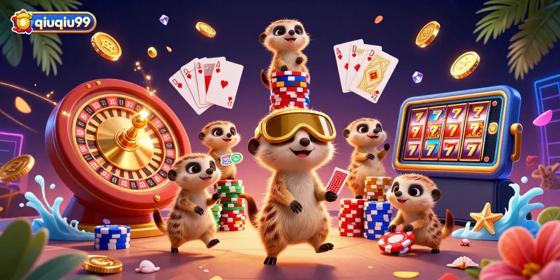 Experience thrilling gameplay with qiuqiu99 in this vibrant casino scene featuring meerkats running intricate games.