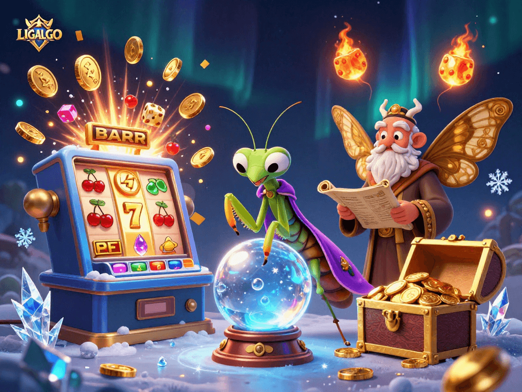LIGALGO engages players with a vibrant 3D crystal ball scene packed with slot machines and glowing treasures.