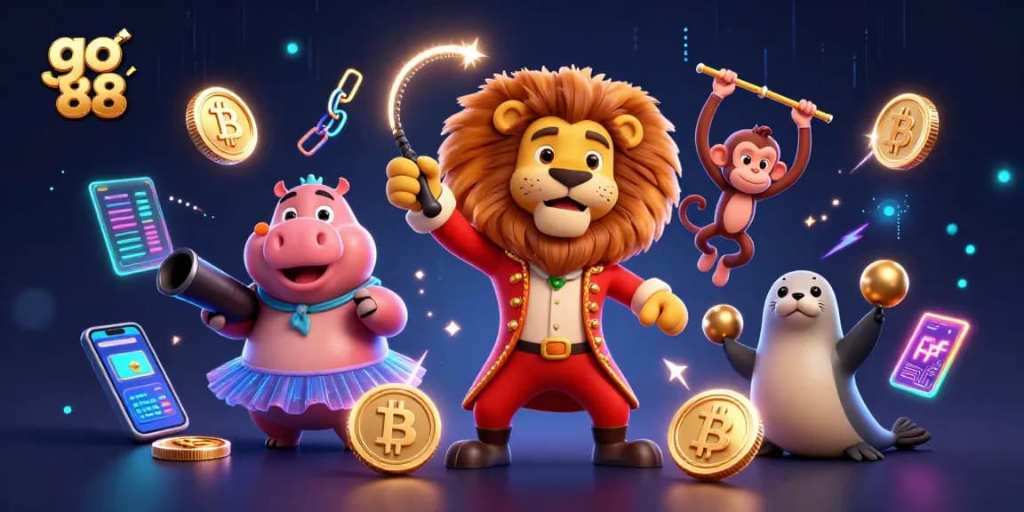 Spin the reels at go 88, featuring vibrant 3D illustrations of a circus ringmaster lion and animal friends.