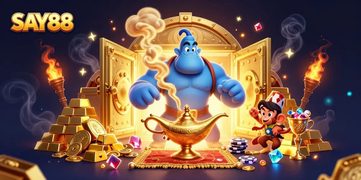 Experience electrifying wins at SAY88 with vibrant casino elements and magical characters in action