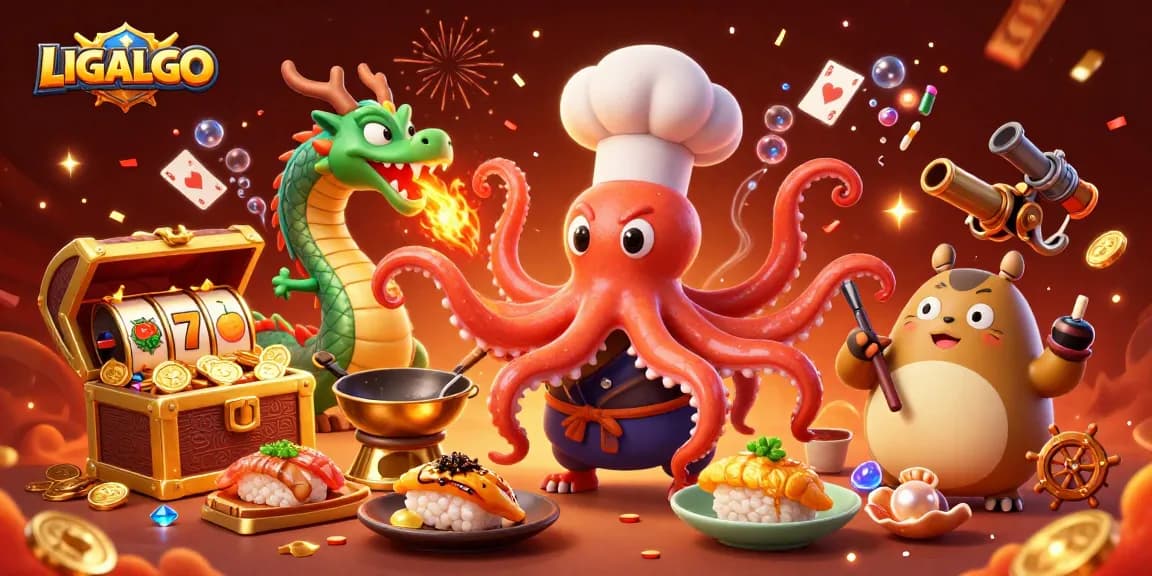 LIGALGO platform showcases vibrant casino-themed illustration featuring an octopus chef, dragon, and tanuki customer.