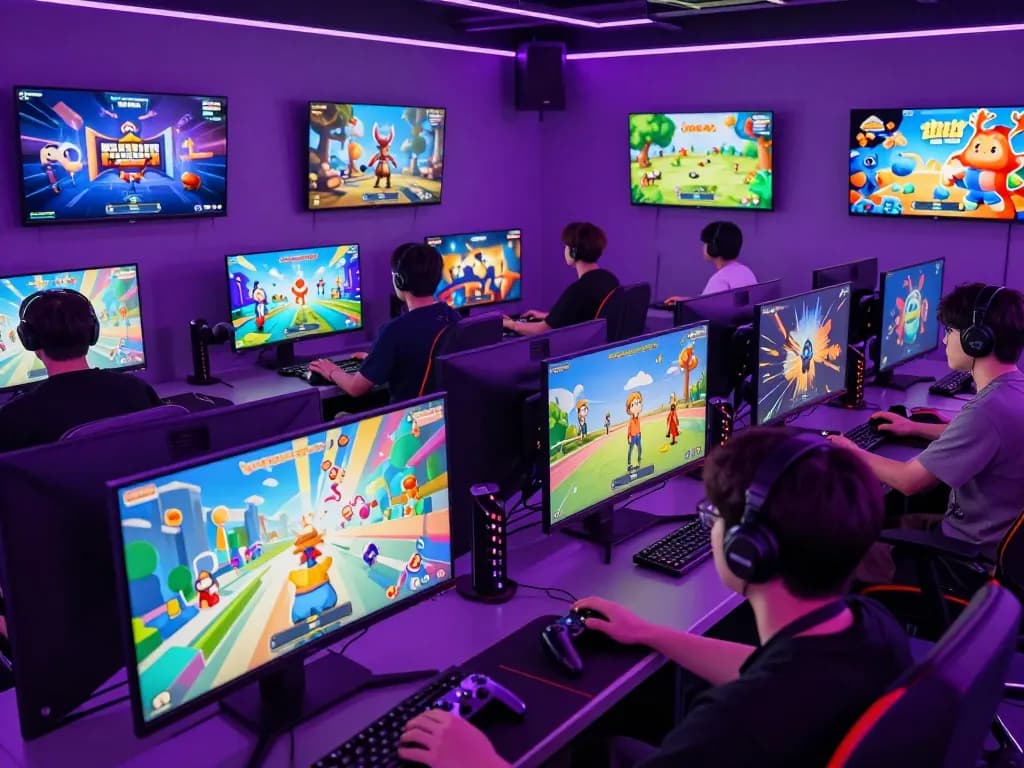 Players enjoying diverse online games at mantra88 in a vibrant neon-themed lobby.