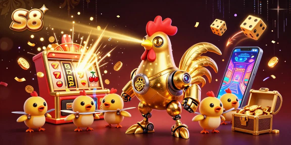 S8 offers thrilling gaming experiences with vibrant slot machines, golden symbols, and dynamic energy in this 3D illustration.