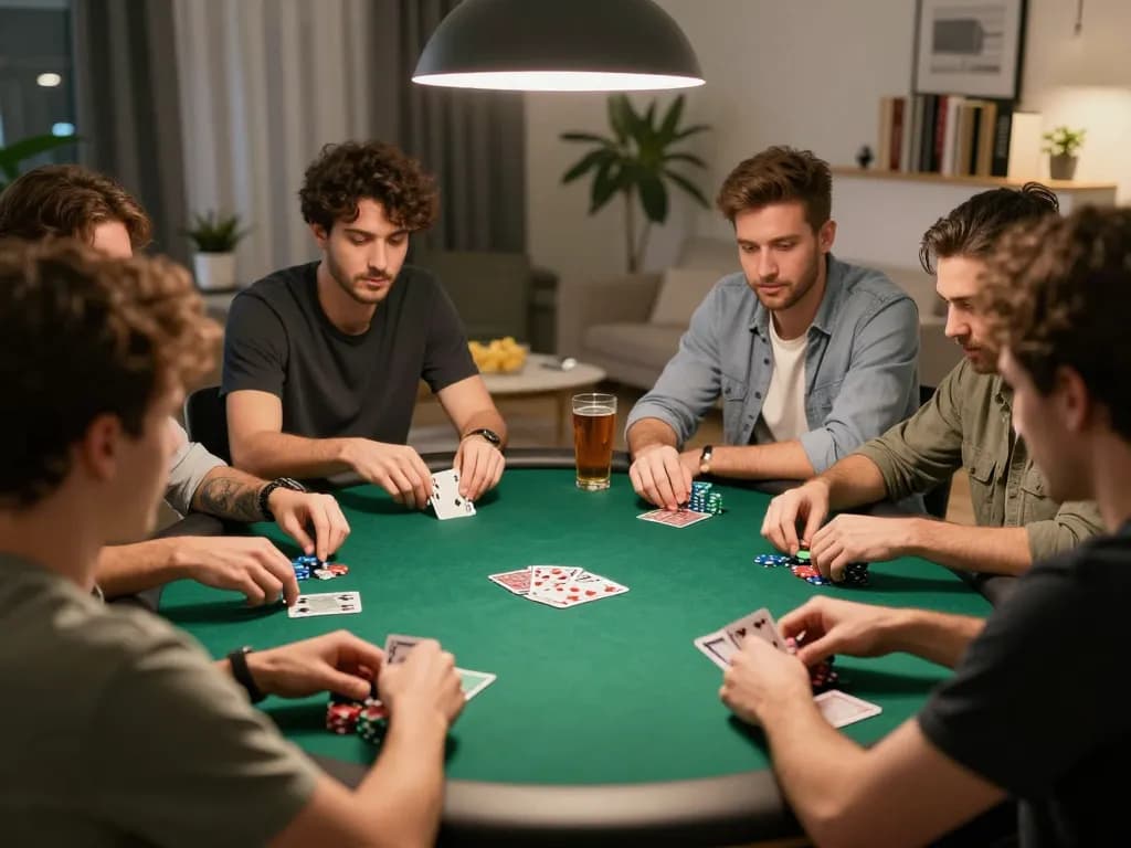 Engaged players enjoying toto sgp poker night, with cards and chips in hand during a friendly game
