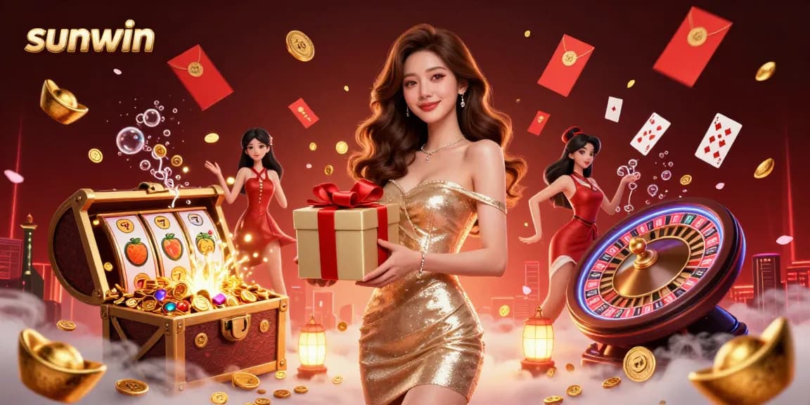 Join the excitement at sunwin with this vibrant illustration of a woman celebrating, surrounded by casino treasures.