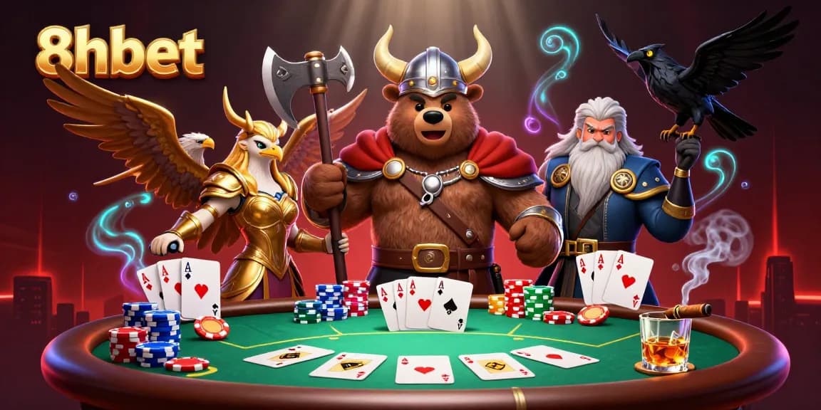 Experience thrilling gaming with 8xbet through this vibrant casino illustration featuring dynamic gaming elements and characters.