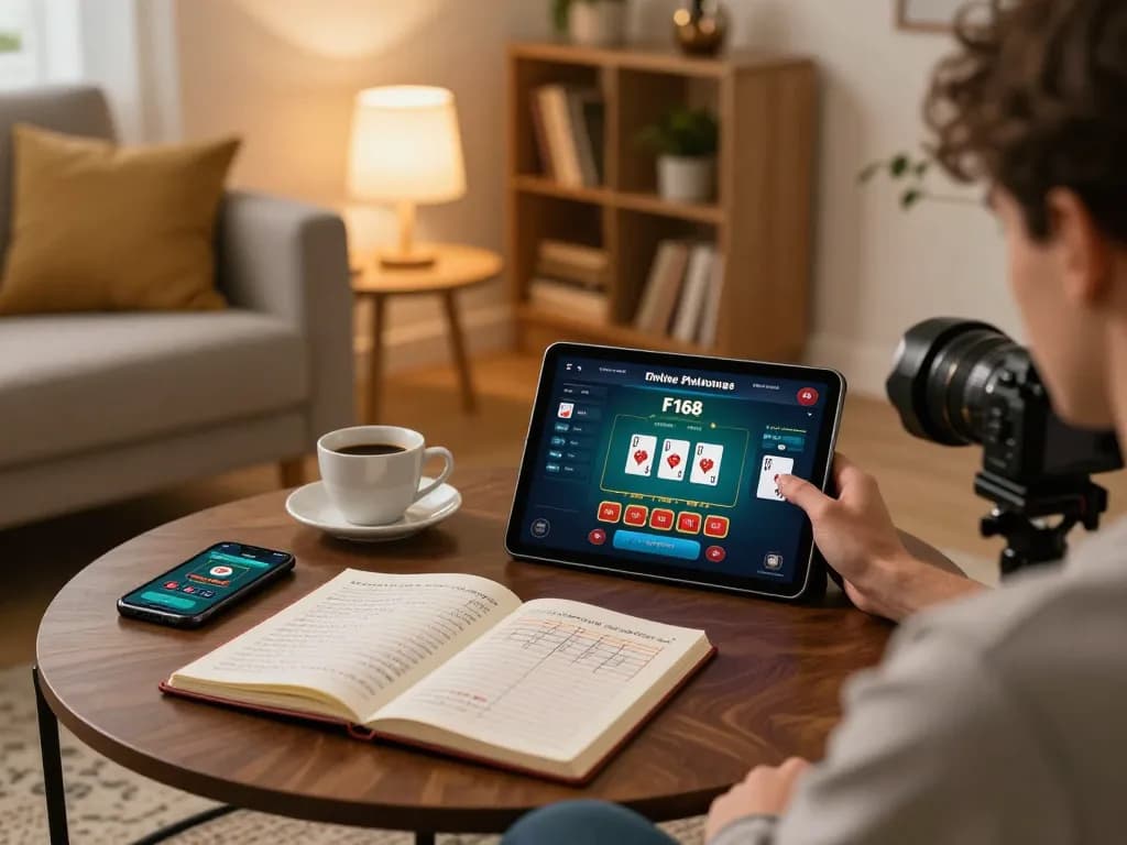F168 online casino interface displayed on tablet in a cozy home gaming setup.