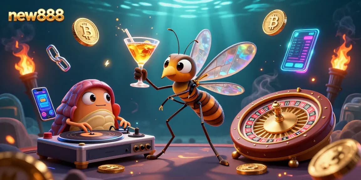 Spin to win with new888 in this vibrant casino scene featuring a lively 3D tableau.