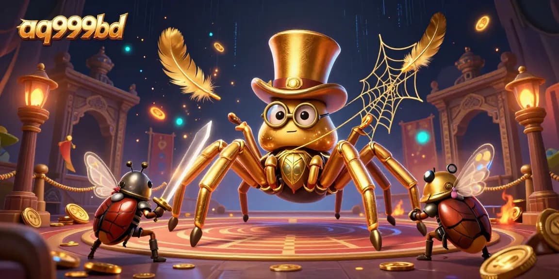 Experience thrilling gameplay at aq999bd with a brave beetle knight and golden tarantula in a vibrant casino.