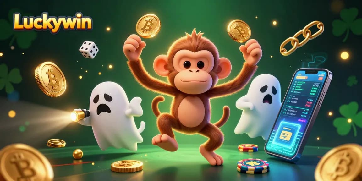 Experience Luckywin's haunted casino with a mischievous monkey juggling golden coins.