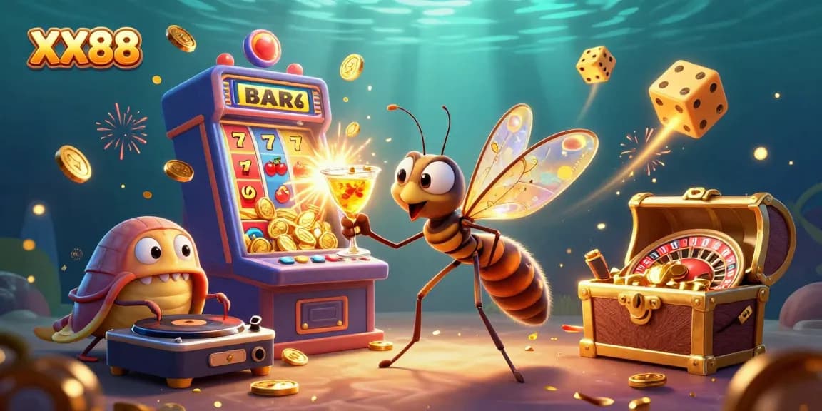 Participate in thrilling games at XX88, featuring a vibrant casino scene with epic slots and colorful elements.