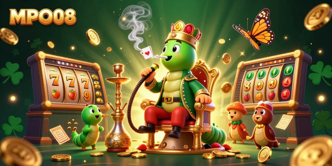 MPO08 enhances the gaming experience with vibrant slot symbols and a whimsical caterpillar character.