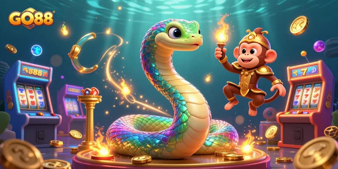 Experience thrilling gaming at GO88 with a colorful scene of slot machines and vibrant characters.