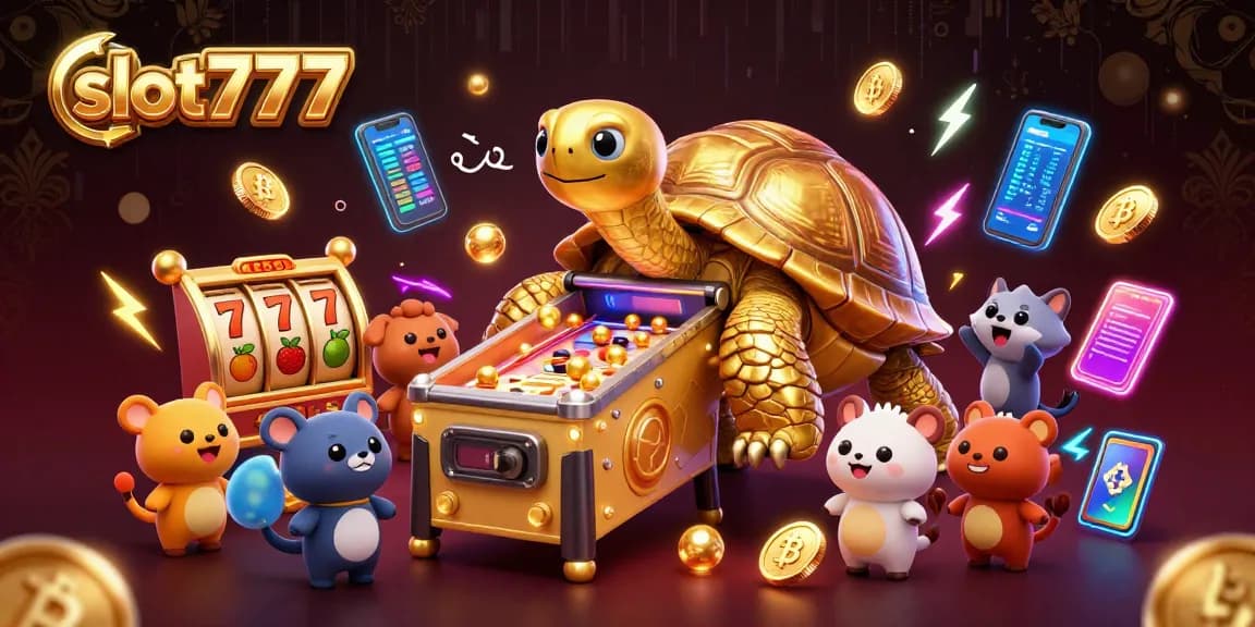 Engage with slot777 as a colorful scene depicts a golden tortoise pinball machine lighting up with excitement.