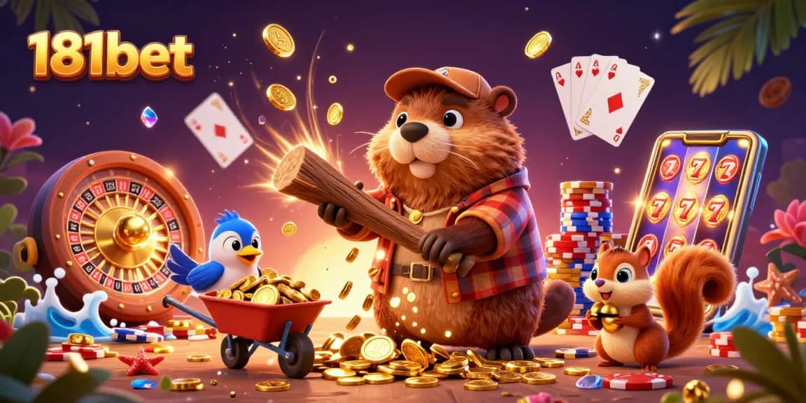 Experience the thrilling world of 181bet through a vibrant depiction of a cartoon lumberjack beaver amidst cascading coins and gaming elements.