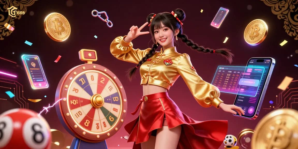 Experience thrilling betting excitement with TG88 through vibrant visuals of lottery balls and a spinning prize wheel.