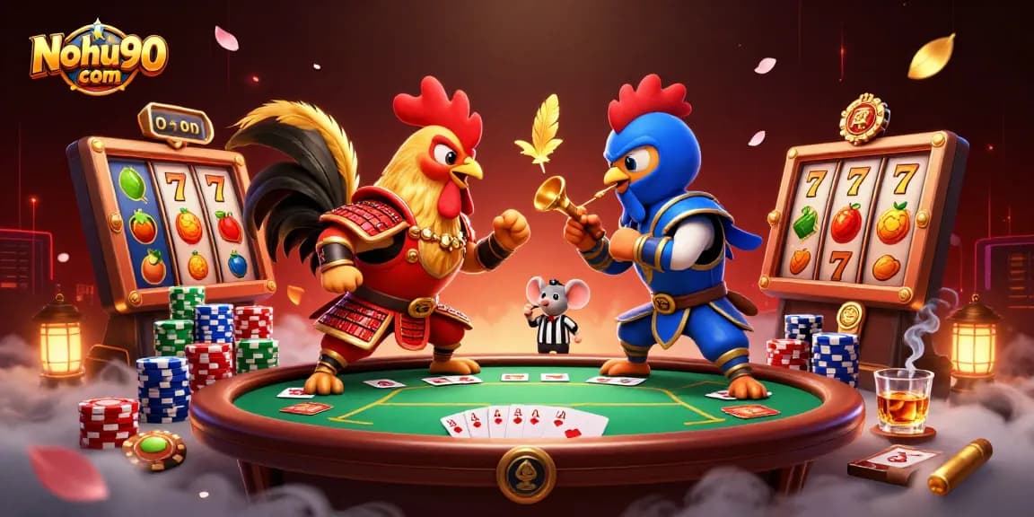 Engage with Nohu90 com's thrilling jackpot adventure featuring vibrant fighting roosters and casino elements.