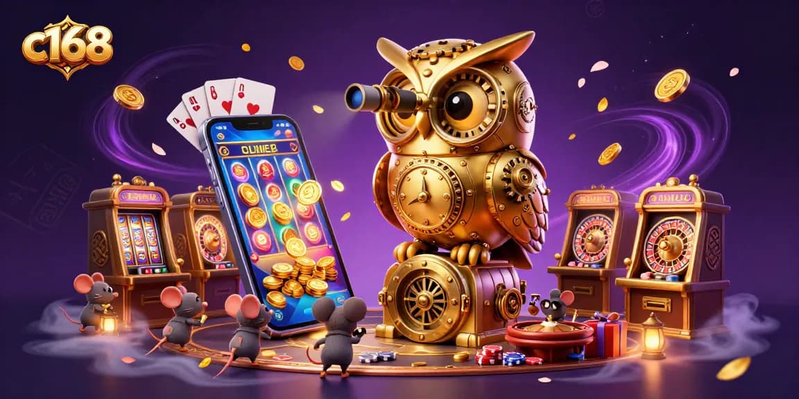 C168 showcases a vibrant casino scene filled with a golden owl and animated patrons enjoying their slots.