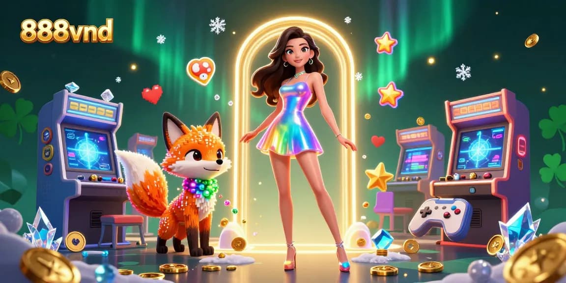 Experience thrilling gameplay at 888vnd with vibrant characters, arcade machines, and colorful casino elements.