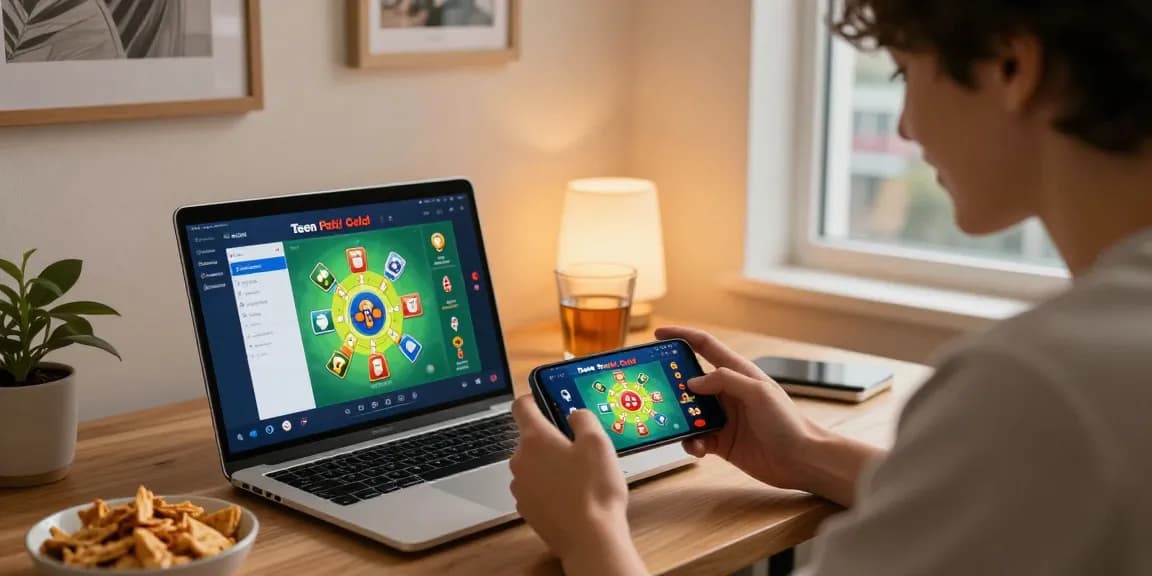 Play Teen Patti Gold APK in a lively home gaming setup with colorful game graphics.