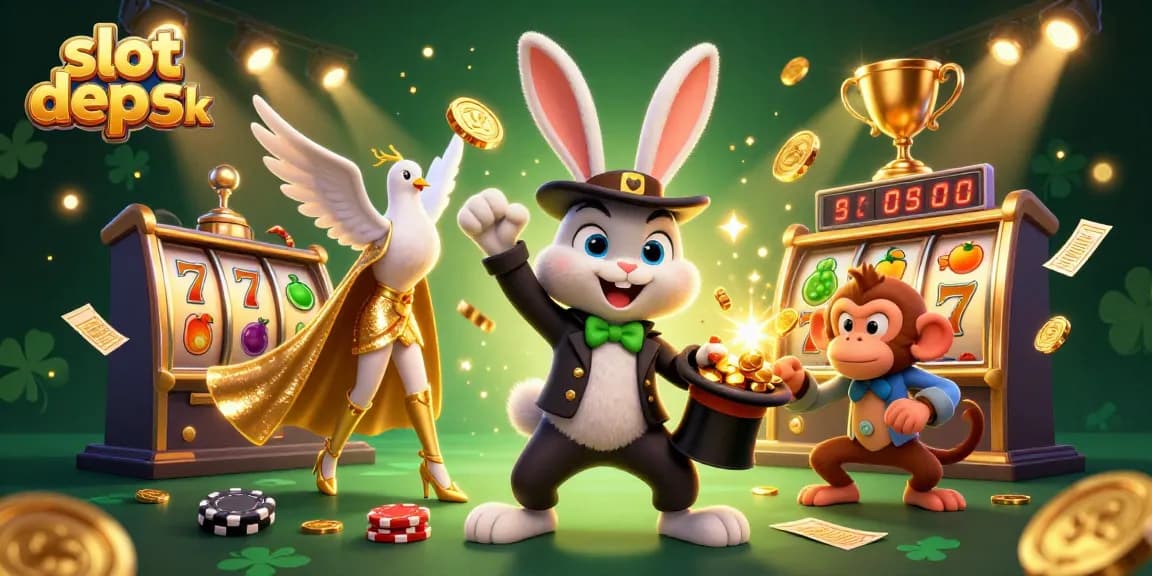 Spin to win at slot depo 5k with a magical rabbit, coins, and casino excitement!