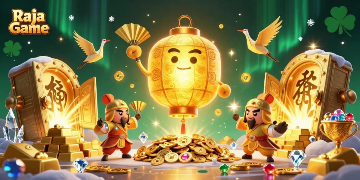 Win big with Raja Game at an immersive casino, featuring dynamic characters and sparkling treasures.