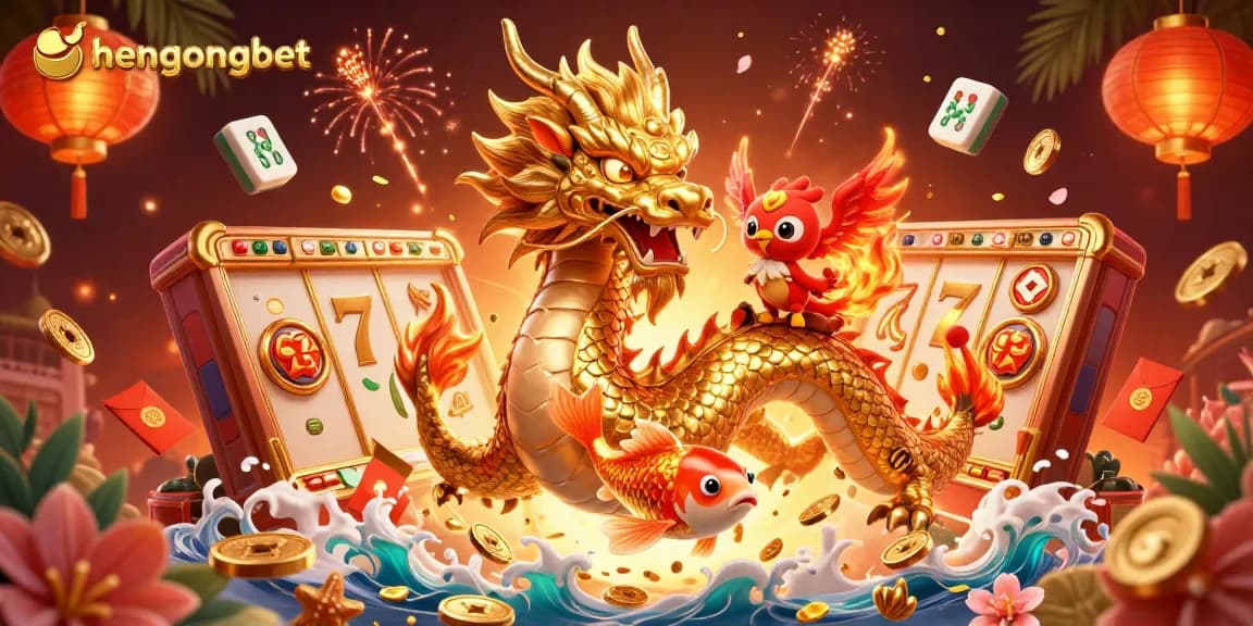 Experience hengongbet's thrilling gaming atmosphere with a fierce dragon, a phoenix, and coins flying in a dynamic casino scene.