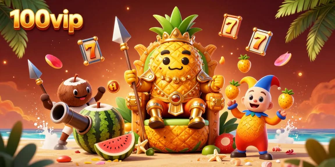 Experience 100vip's vibrant casino adventure with a golden pineapple king and lively elements!