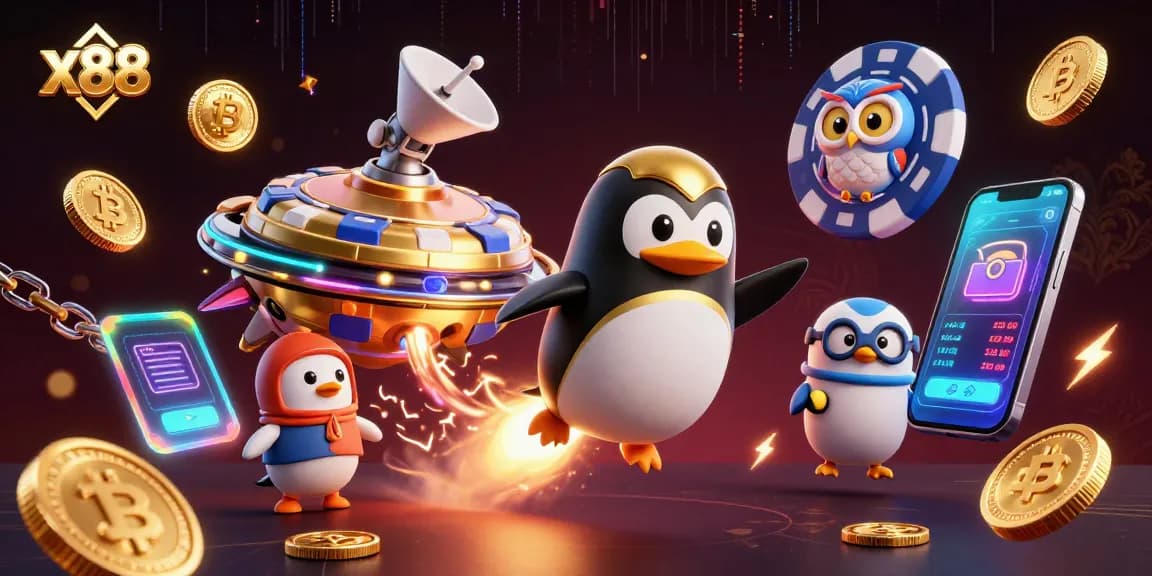 Win big with x88 at an online casino featuring a rocket-powered penguin and crypto elements