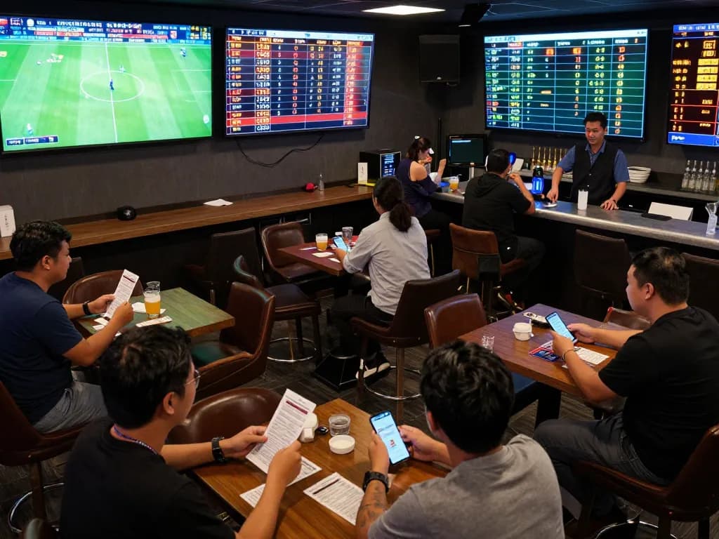 Engaged bettors analyzing kèo bóng đá ngày mai on digital boards in a lively sports betting lounge atmosphere.