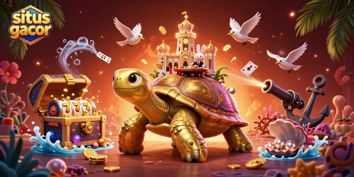Experience excitement on situs gacor with a golden tortoise casino, rabbit dealer, and floating playing cards.