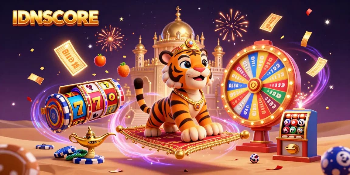 Engage with IDNSCORE by playing on a vibrant online casino scene featuring animated slot reels and colorful game elements.
