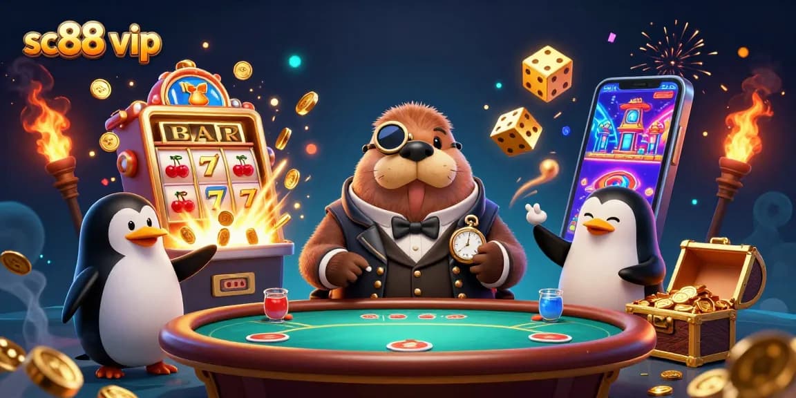 Experience the excitement at SC88 VIP casino with a jolly walrus playing poker and a jackpot explosion.