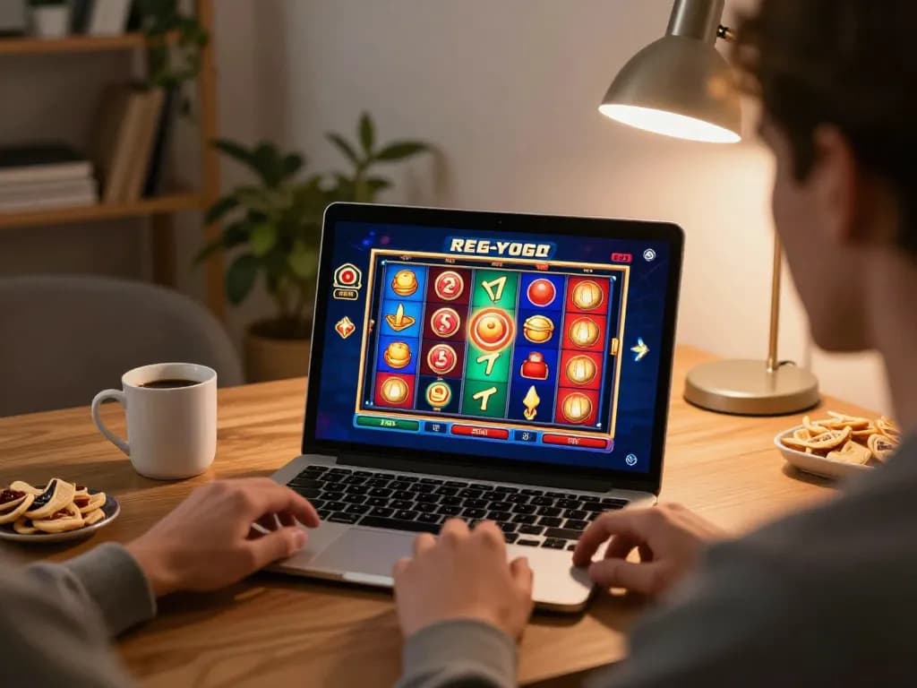 Engaging in a thrilling slot demo gaming session on a laptop, emphasizing strategy and fun.
