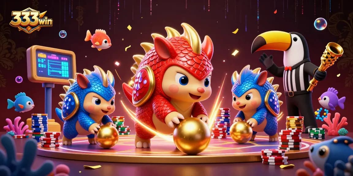 Capture the thrilling essence of 333win fish shooting game with dynamic pangolins rolling into golden spheres amidst poker chips.