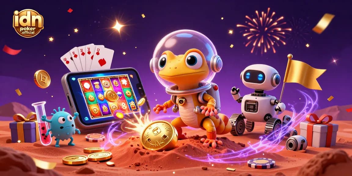 Mainkan idn poker official dengan Martian gecko di kasino emas tersembunyi, sambil merayakan keberuntungan.