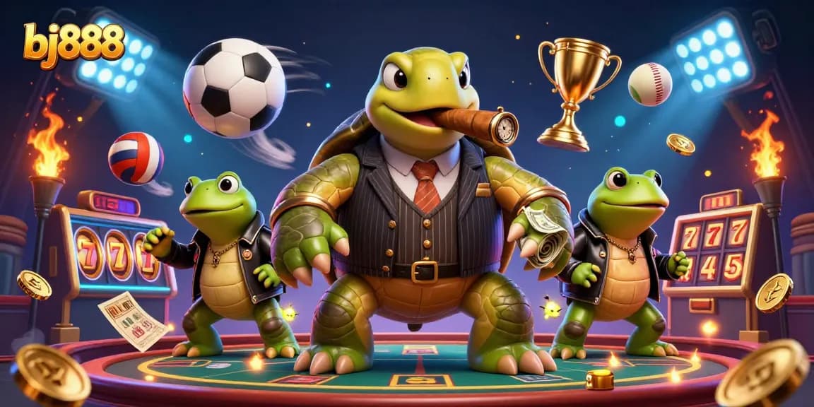 Engage in exhilarating gameplay at bj888 with a 3D cartoon turtle dealer and vibrant casino action.