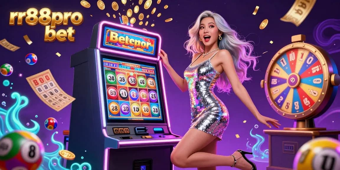 Experience the thrilling jackpots at rr88pro bet with a glamorous Asian woman celebrating a win amidst colorful casino elements.