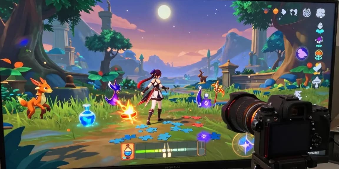Dynamic scene of a female protagonist exploring a mystical world in a female hentai game, surrounded by fantasy elements.