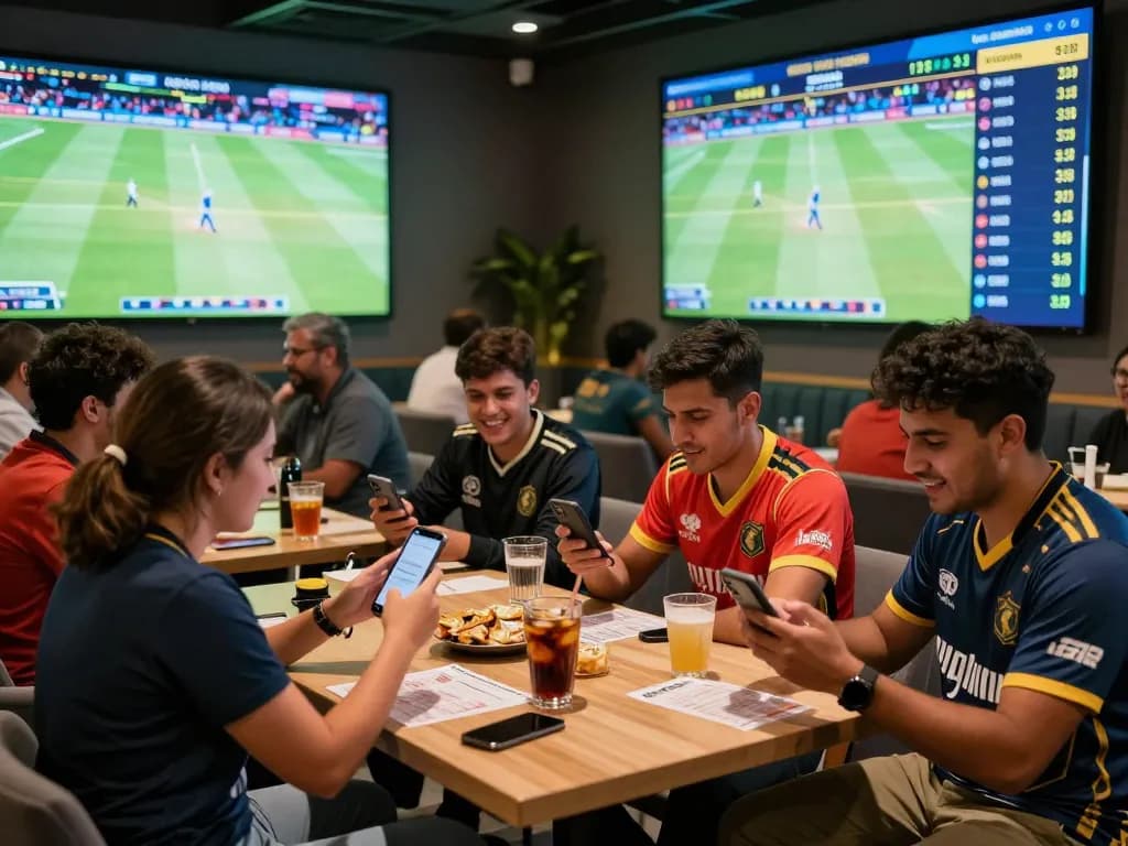 Friends experiencing cricket betting at a lounge while using the 99exch app, lively atmosphere.
