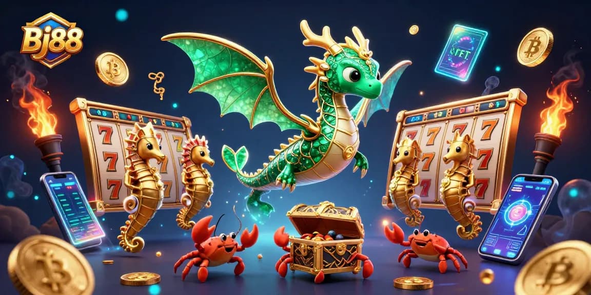 Bj88 offers thrilling slots and casino action, illustrated by vibrant 3D characters and rich gaming elements.