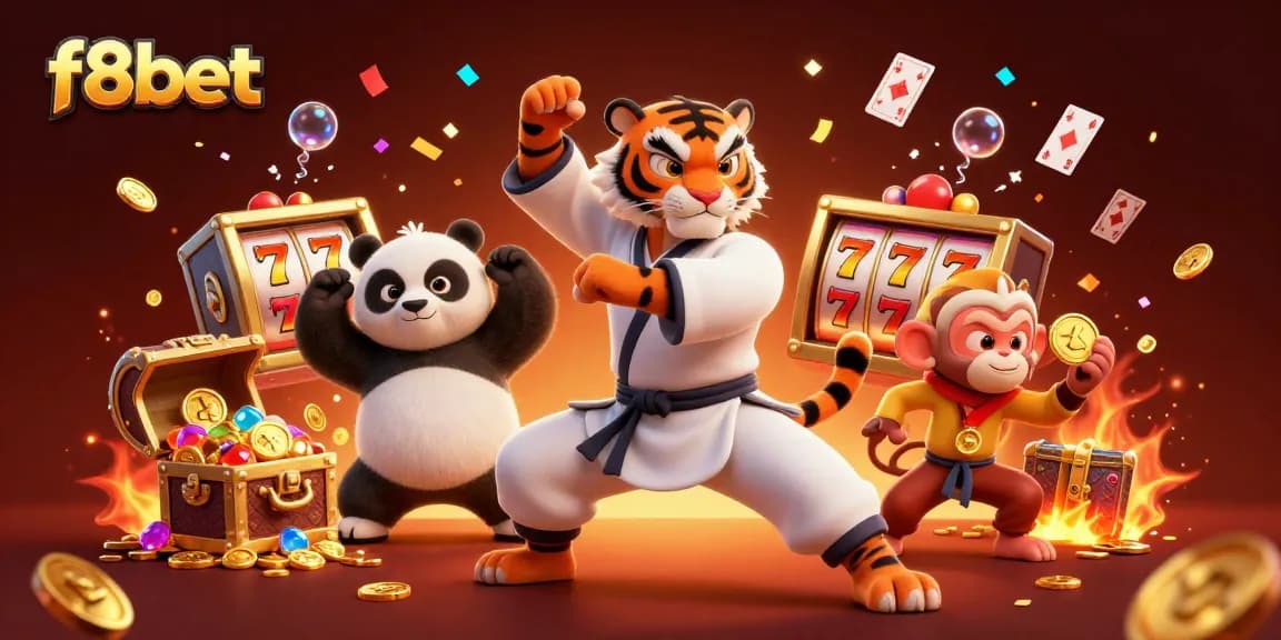 Engage in exciting gameplay at f8bet with a vivid 3D scene capturing a kung fu tiger, panda disciple, and monkey stealing gold amidst vibrant casino elements.