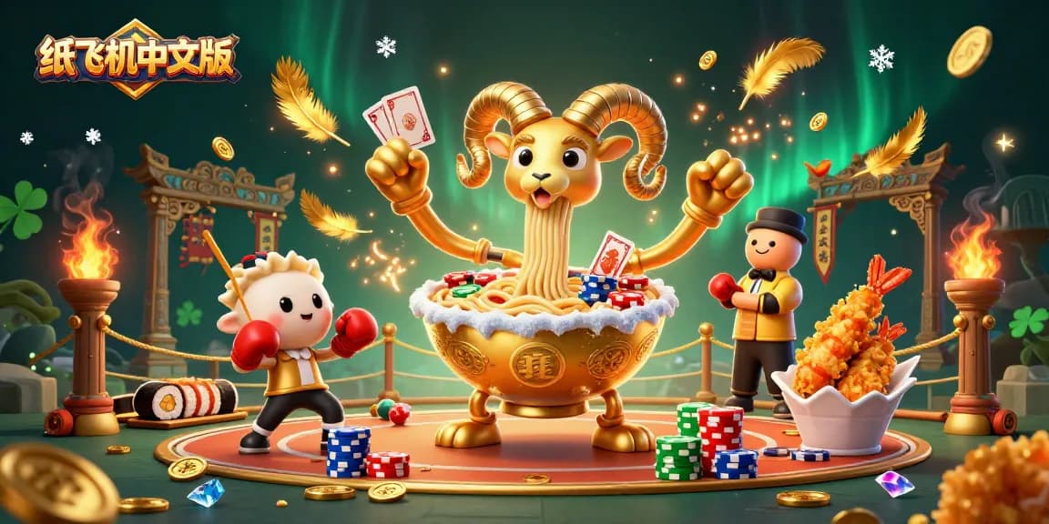 Engage with 纸飞机中文版 in this dynamic casino scene featuring a golden ramen bowl, sushi dealer, and cheerleading shrimp.