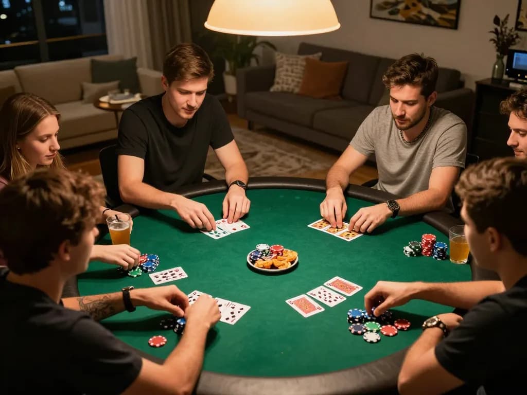 LGO SUPER players enjoying a friendly poker session at home with vibrant chips and engaging atmosphere