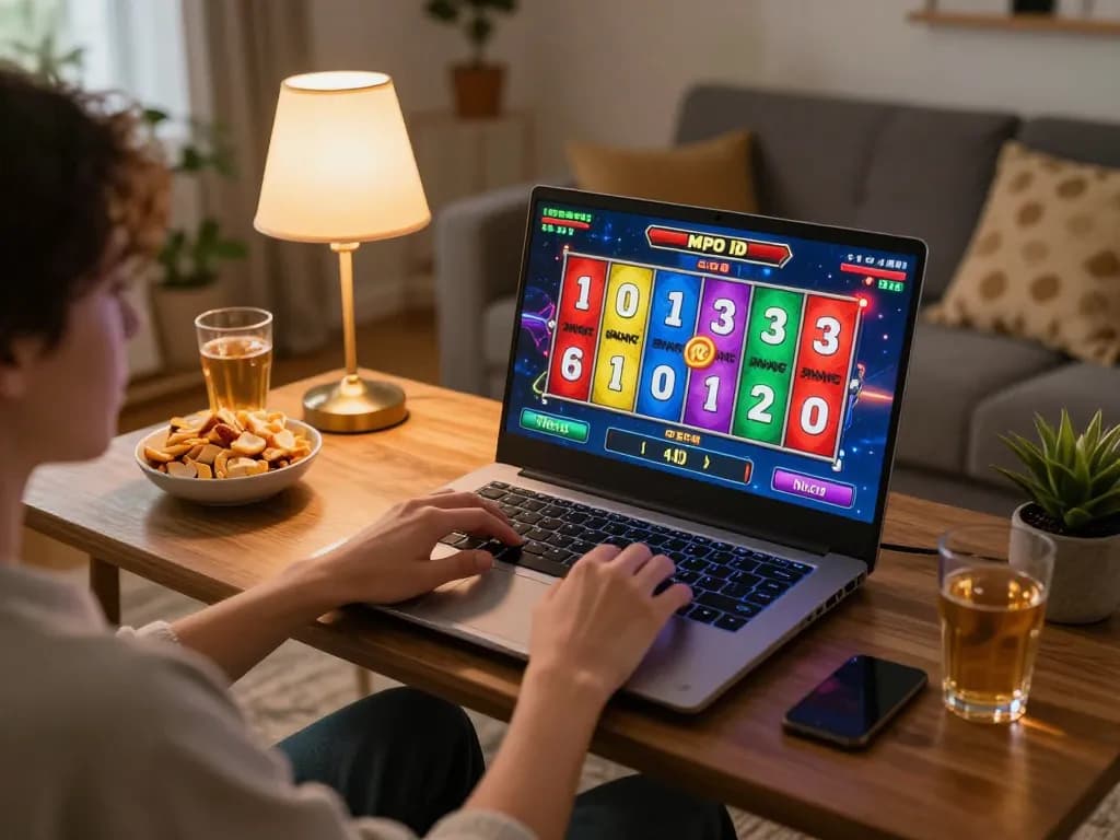 MPO ID player engaging with interactive reels in a cozy online gaming setup