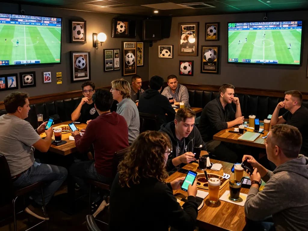 keobongda enthusiasts engaged in sports betting discussions at a lively sports bar, showcasing multiple screens and vivid atmosphere