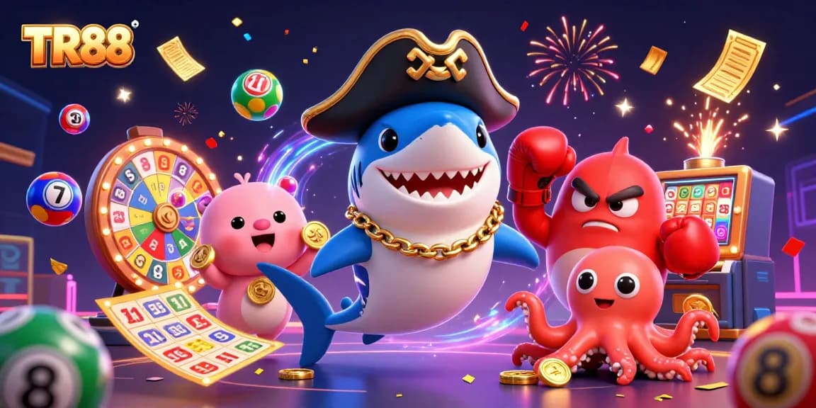 Engage with TR88 in a vibrant scene featuring a pirate shark, boxing pufferfish, and coin-holding octopus.