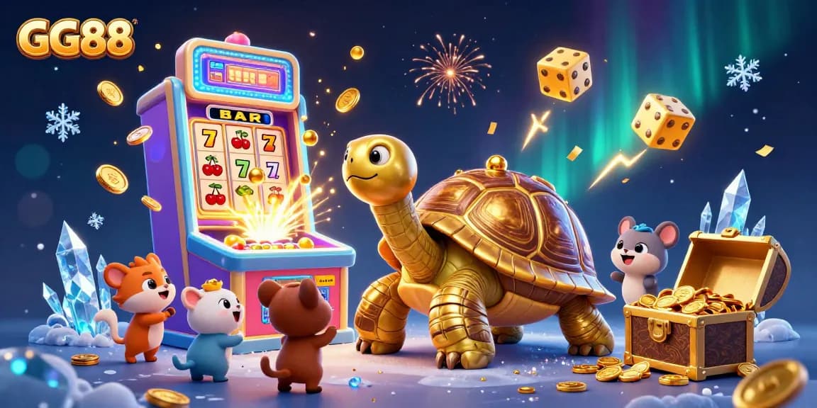 Play at GG88's dazzling casino scene filled with golden tortoises, slot machines, and festive sparkle effects.