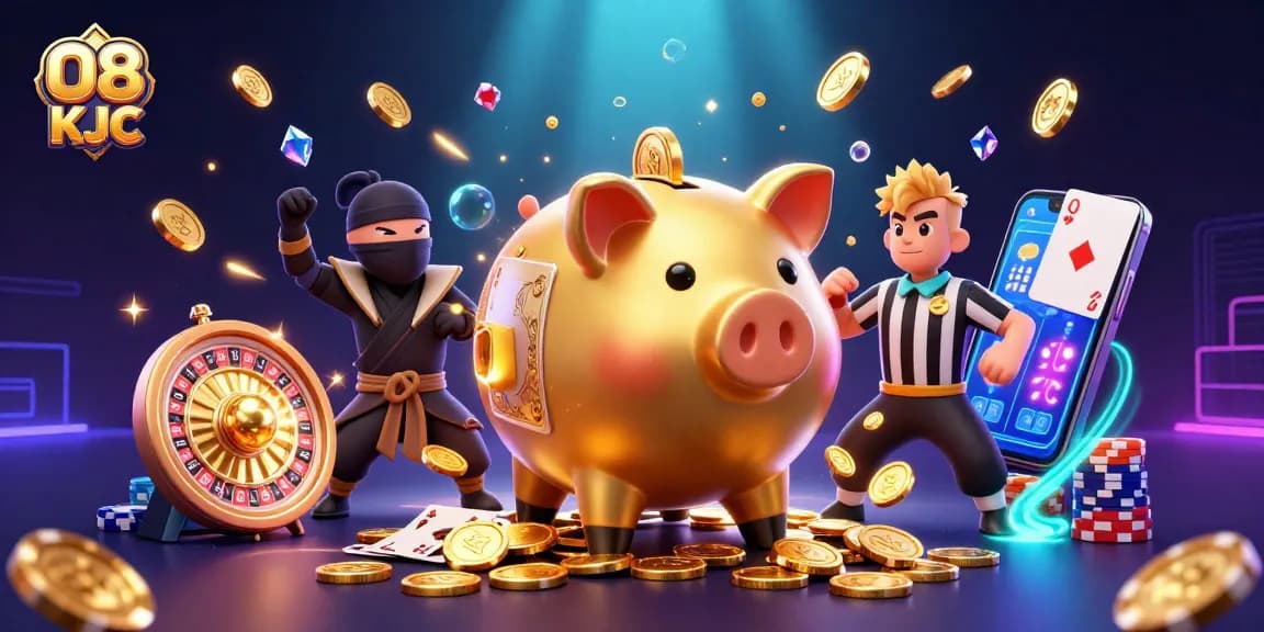 Experience the exciting O8 KJC action with golden coins and lively characters in this casino illustration.