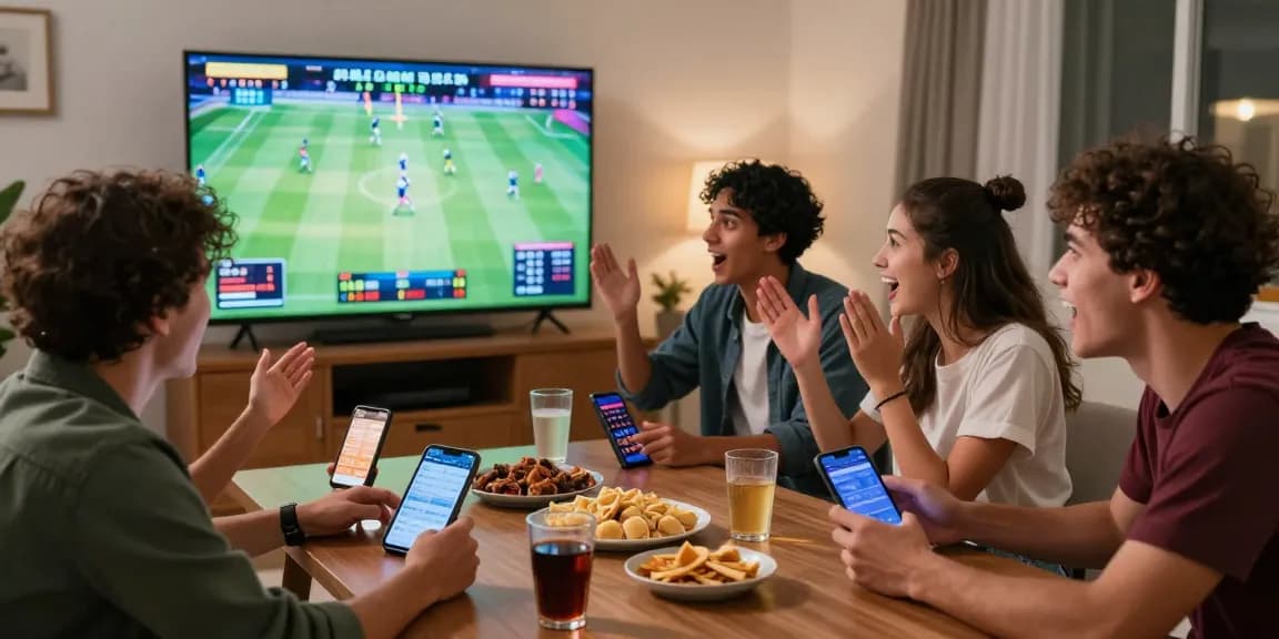 BOLA88 sports betting scene with friends enjoying live matches and discussing betting strategies in a vibrant home environment